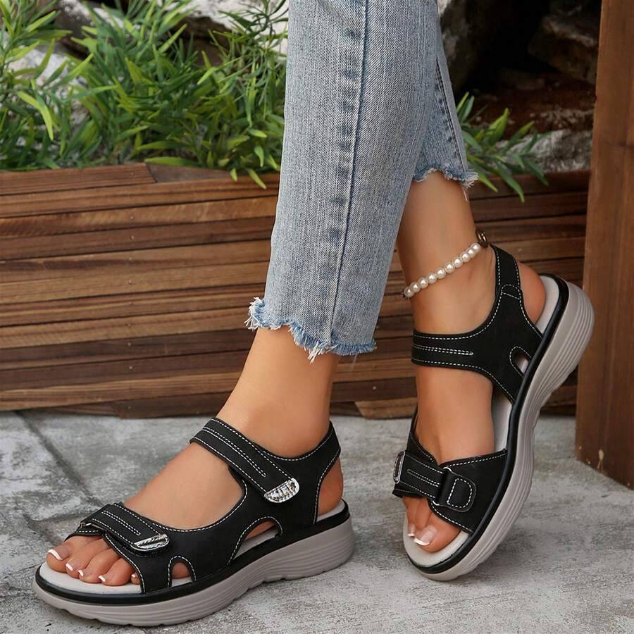 Summer Outdoor Travel Platform Sandals Womens Comfortable Sandals Slide Sport Sandals Comfy Open Toe Casual Flats Shoes Beach Walking - 黑色 - 查看 1