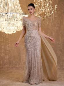 3D Floral Beaded Embroidered Petal Sleeve Elegant Sexy Mermaid Hem Mesh Overlay Evening Dress - Apricot - View 6