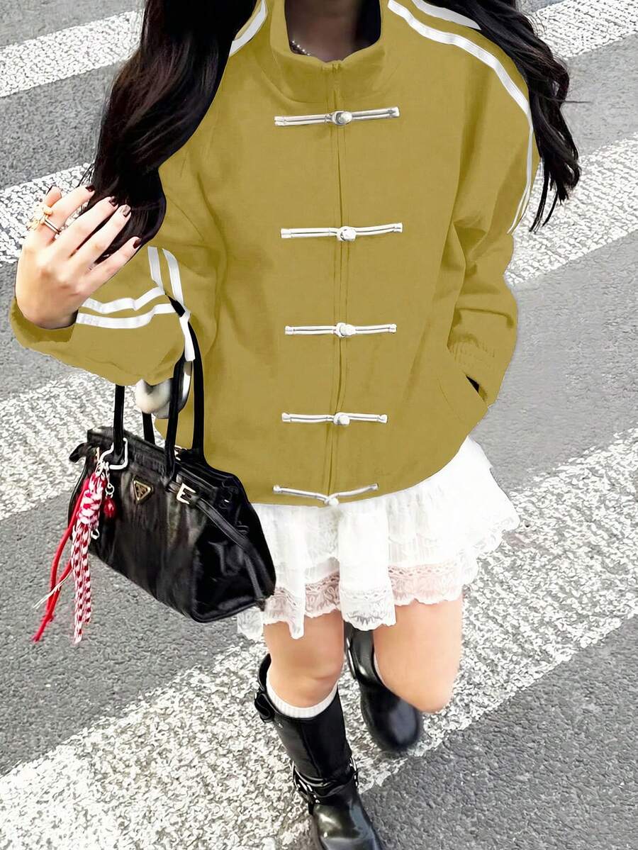 New Chinese Style Women's Jacket, Button-Up Closure, Solid Color Air Layer Stand Collar Jacket, Loose Fit American Vintage Design, 250G Knit Fabric, Autumn/Winter