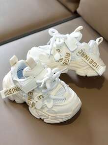 1双女童时尚运动鞋/厚底运动鞋，儿童魔术贴系带网面透气户外休闲鞋，女童软底防滑校园跑步鞋，适合步行/跑步，儿童网球鞋 - 米色 - 查看 2