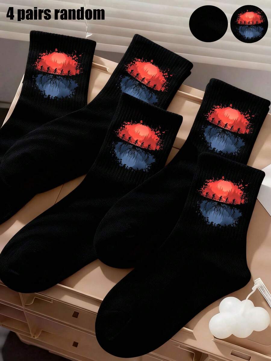 4 đôi tất cổ ngắn màu đen ngẫu nhiên, tất unisex chủ đề kinh dị cổ điển, tất thể thao chạy bộ cho mùa tựu trường, tất cổ ngắn unisex chủ đề giả tưởng đen tối hài hước, quà tặng ngày Valentine - Nhiều màu - Xem 1