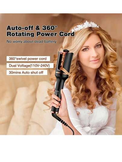 22毫米自动卷发棒：适用于长发，4档温度设置，22毫米大旋转卷筒，双电压设计，自动断电