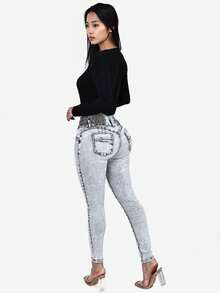 1pc Casual High Waist Skinny Washed Denim Jeans - Blue - View 6