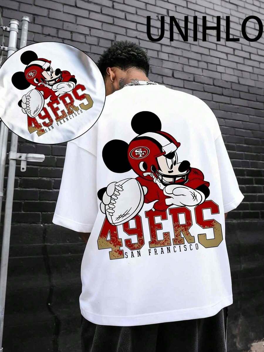 Disney UNIHLO  Street Life Men's Casual Loose World Cup Football2026  Cartoon  Print Short Sleeve T-ShirtSummer - 白色 - 查看 1