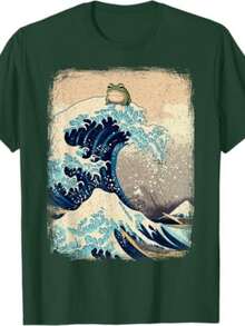 Unisex T-Shirt, Printed Style, Men's And Women's, Big Waves With Frog On Top, Funny Stylish Shirt, 100% Cotton, Promotion, Free Fast Shipping - 墨綠色 - 查看 1