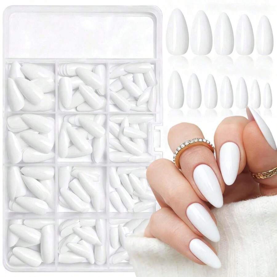 LoveOurHome 240pc Short Almond White Press On Nails Colored Fake Nail Tips Full Cover Artificial Fingernail French Stiletto Manicure With Adhesive Tabs For Women Girls Kids - MàuV - Xem 1