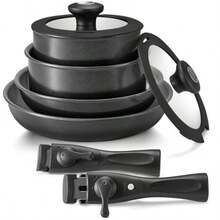 Induction Hob Pans Set Ceramic Nonstick Pots And Pans Set 10 Pieces Pan Sets With Detachable Handles Stackable Cookware Set For All Hobs - Gray Black - View 2