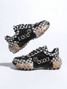 Women's Black & White Checkered Rhinestone Letter Embellished Chunky Serrated Sole Low-Top Casual Sneakers - Black and White - View 1
