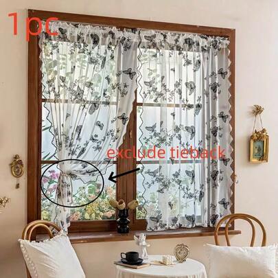1pc Floral & Butterfly Embroidered Breathable Curtain, Rod Pocket Style, Suitable For Living Room, Bedroom, Balcony, Kitchen Decor