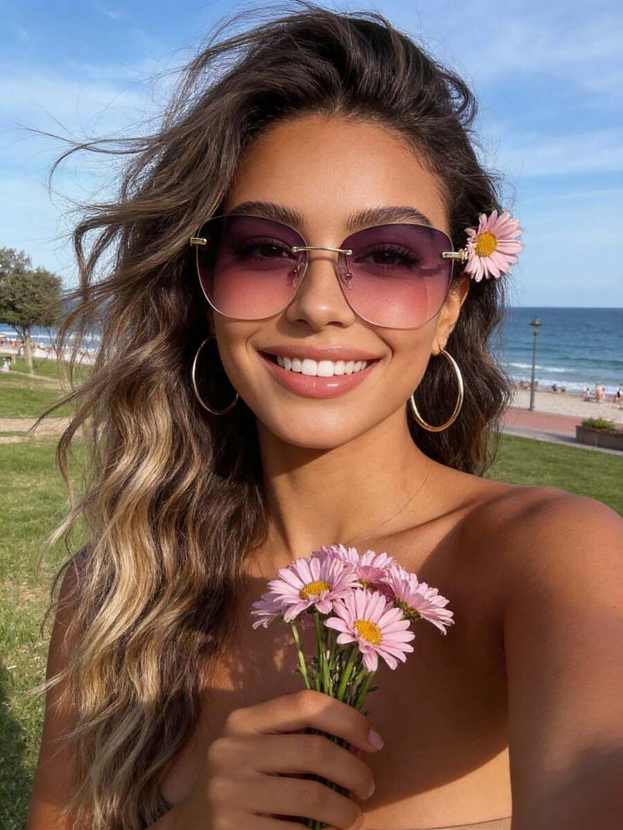 一副女士无框渐变镜片几何粉色防紫外线Y2K波西米亚风太阳镜，适合音乐节、锐舞派对等场合，也可作为百搭配饰，搭配毛衣、牛仔裤、运动裤、连帽衫、夹克、连衣裙和长袖衬衫，时尚百搭，优雅适合家庭出游、旅行、夏季海滩度假和户外活动。