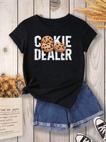 Plus Size Women COOKIE DEALER Typography Print T-Shirt Short Sleeve Crew Neck Casual Top For Summer Spring Women Clothing Oversized Girls Women Size L-3XL 4XL 5XL - màu đen - Xem 2