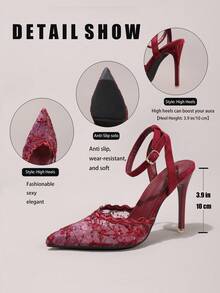 Fashionable Lace Embroidered High Heel Shoes, Sexy Pointed Toe Super High Heel Party Shoes, Thin Heel Wine Red Sandals For Women,Stiletto Heels - Burgundy - View 3