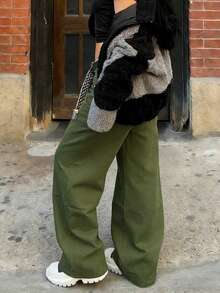 Y2K风格女式复古宽松直筒工装牛仔裤，休闲街头风日常穿搭 - 軍綠色 - 查看 6