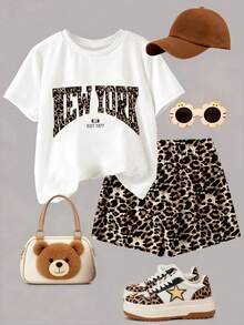 Áo thun tay ngắn in chữ và quần short họa tiết da báo dành cho bé gái tuổi teen, trang phục thường ngày - trắng - Xem 3