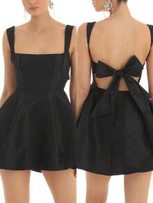 Women's Sexy Backless Tank Dress Square Neck Sleeveless Bow Knot Tie Back Bodycon Satin Flowy A Line Mini Dresses Party Graduation Dress Club Night Short Dress Birthday Dresses For Women Black Dress - màu đen - Xem 1