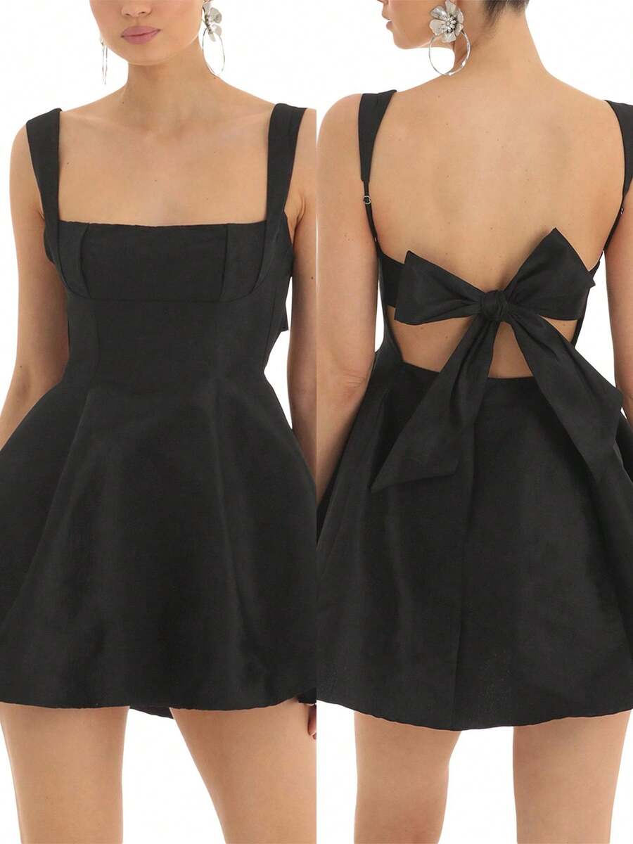 Women's Sexy Backless Tank Dress Square Neck Sleeveless Bow Knot Tie Back Bodycon Satin Flowy A Line Mini Dresses Party Graduation Dress Club Night Short Dress Birthday Dresses For Women Black Dress - màu đen - Xem 1