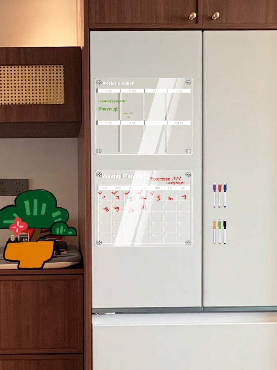 一套磁性亚克力白板，磁性冰箱留言板，透明白板，适用于计划、展示、日历，配有6支白板笔和磁性螺丝。