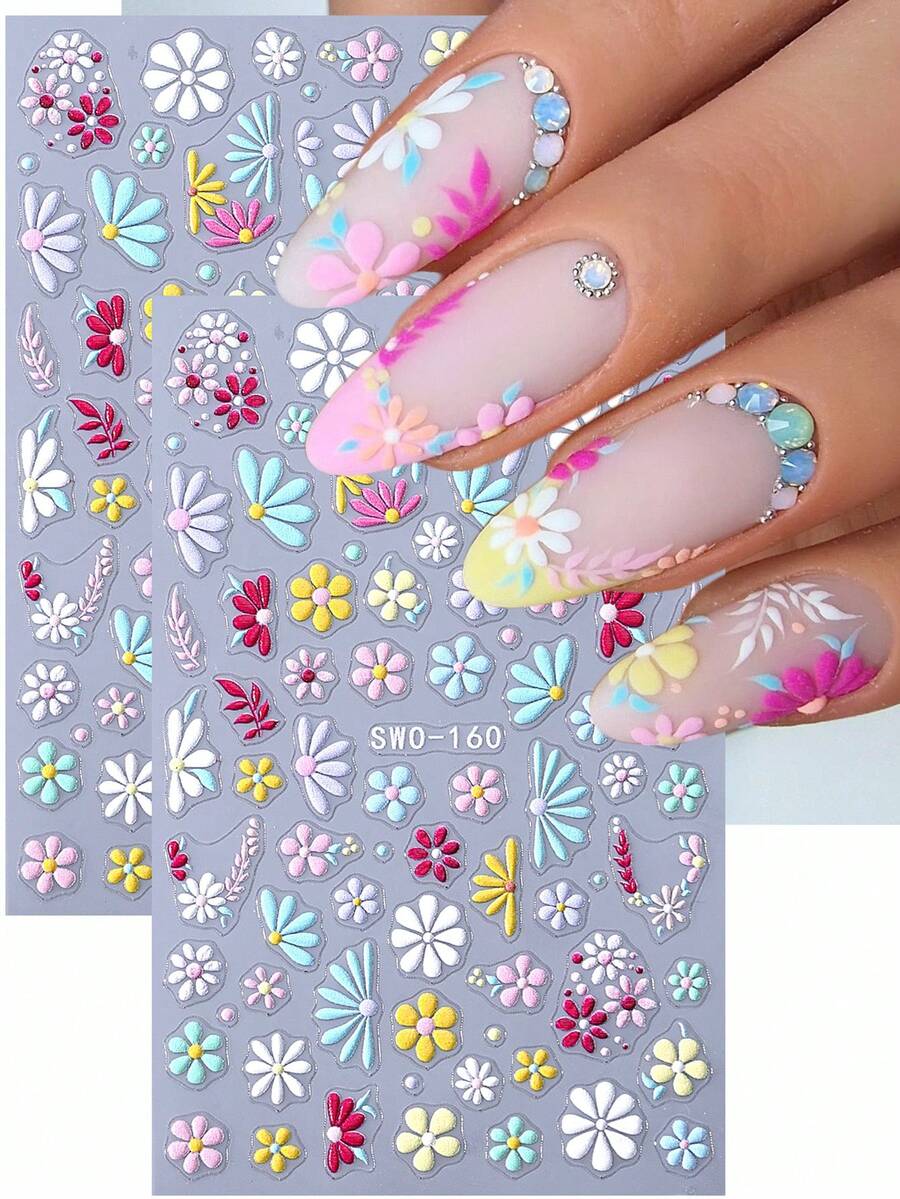 Bộ 2 miếng dán móng tay hình cánh hoa cúc 5D thanh lịch, họa tiết hoa macaron nhiều màu sắc, phong cách Bohemian, quà tặng cho phụ nữ và bé gái, tự dán, dùng trang trí móng tay tại salon. - Nhiều màu - Xem 1