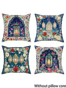 4 pièces Housses de coussin décoratif pour la décoration de Ramadan, arche florale, lanterne. Style vintage boho en bleu, rouge, blanc et vert. Doux et confortable. Impression unilatérale pour le salon, la chambre, le canapé et le lit, sans les inserts de coussin. - bleu indigo - Voir 2