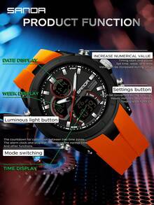 SANDA 6279 Men's Quartz Watch, Large Dial, Calendar, Luminous, Waterproof, Outdoor Sports Digital Watch - 橘色 - 查看 5