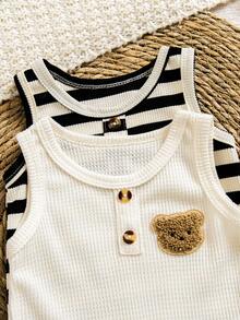 2件套新款夏季儿童仙人掌印花和纯色华夫格圆领连体衣套装 - 彩色 - 查看 3