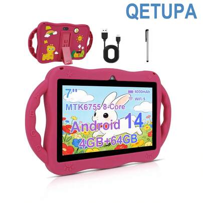  Qetupa 7英寸安卓14儿童平板电脑，小鹿图案，儿童教育平板电脑，配备防震保护套，MTK6755八核2.0GHz处理器，4GB RAM + 64GB ROM，1024*600 IPS触摸屏，0.5MP + 2.0MP双摄像头，4000mAh电池，蓝牙，802.11ac/WiFi5 - 送给男孩女孩的理想礼物，生日、圣诞节、寓教于乐的完美之选，支持在家进行早期教育