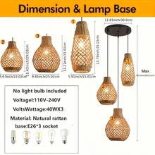 Bohemian Farmhouse Handwoven Rattan 3-Light Pendant Light, Adjustable Hanging Lamp Fixture Suitable For Bedroom, Kitchen, Farmhouse, E27 Bulb Socket, Semi-Flush Mount (Bulbs Not Included)