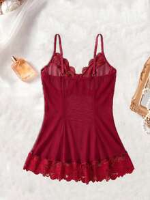 Sexy Lace Mesh Camisole Nightgown - Burgundy - View 2
