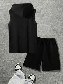 男士休闲百搭翅膀印花连帽背心短裤套装（2件套），春夏款 - 黑色 - 查看 5