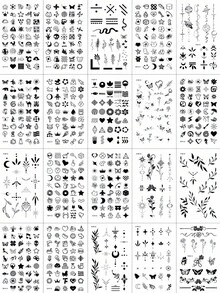 20张黑色临时手指纹身贴纸，可爱海娜风格，包含数百种图案，例如树叶、花朵、爱心、星星、符号、水果、音乐图标、各种动物（如蝴蝶、猫、狗、骆驼、鸟类等）。迷你图案，防水，持久，简约逼真，男女皆宜，可贴于耳后、手指、颈部、脚踝等部位。 - 黑色 - 查看 10