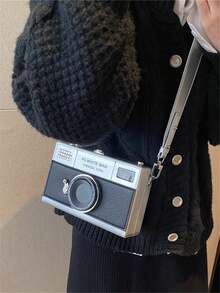 1个新款创意硬壳盒包，时尚独特的相机造型斜挎包，配有可调节宽肩带，女士时尚手机袋，银色钱包，小钱包，趣味礼物，可装硬币、口红、钥匙、手机 - 銀色 - 查看 3