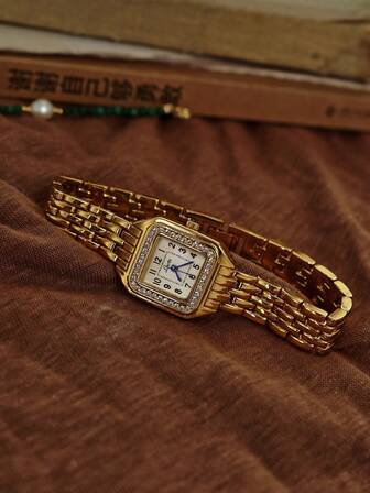 1pc New Rhinestone Zirconia Inlaid Gold Square Dial Ladies Waterproof Watch, Elegant Minimalist Casual Style Roman Numeral Dial, Decor Quartz Watch Suitable For Daily Life And Attending Gatherings