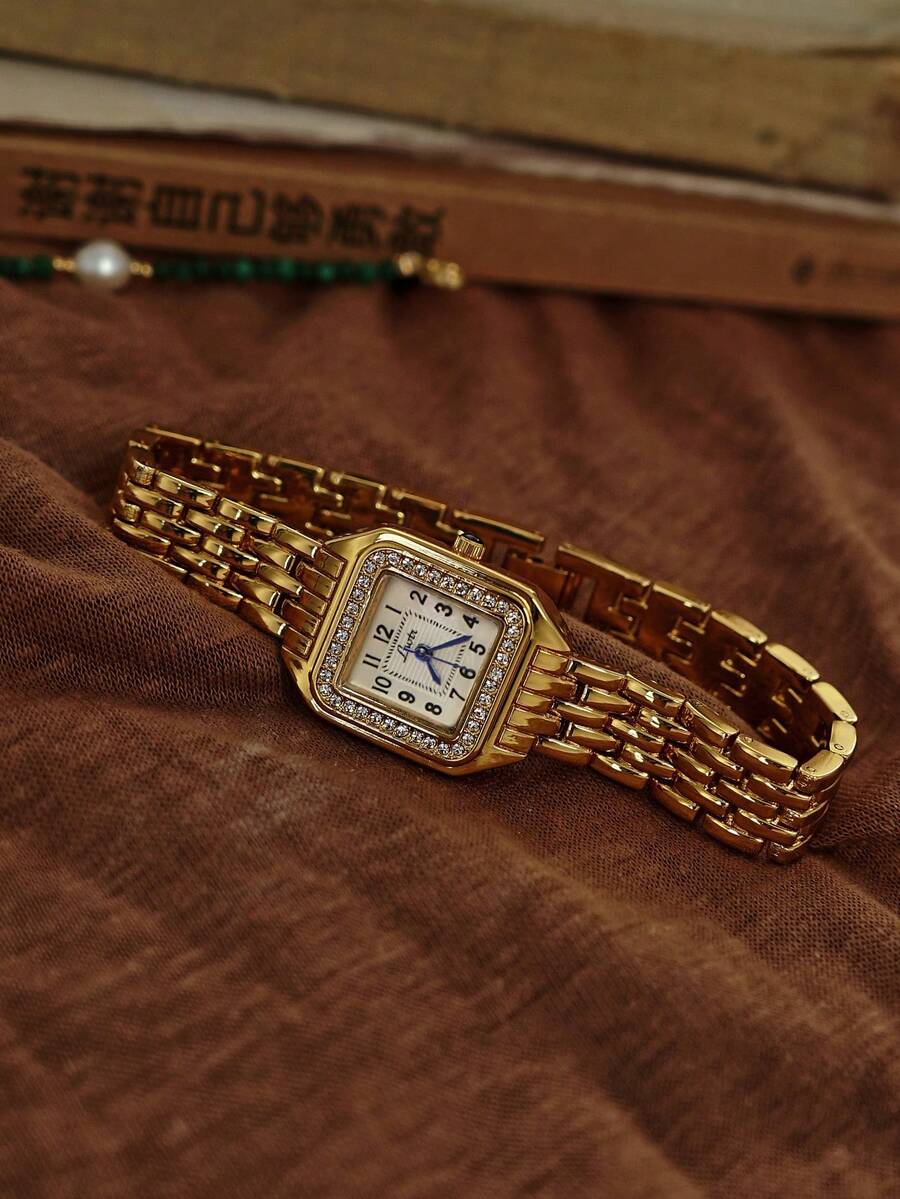 1pc New Rhinestone Zirconia Inlaid Gold Square Dial Ladies Waterproof Watch, Elegant Minimalist Casual Style Roman Numeral Dial, Decor Quartz Watch Suitable For Daily Life And Attending Gatherings - Gold - View 1