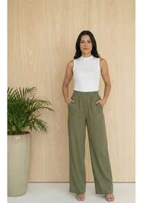 Fabric Pants With Pockets, Vacation, Home, Summer - 軍綠色 - 查看 2
