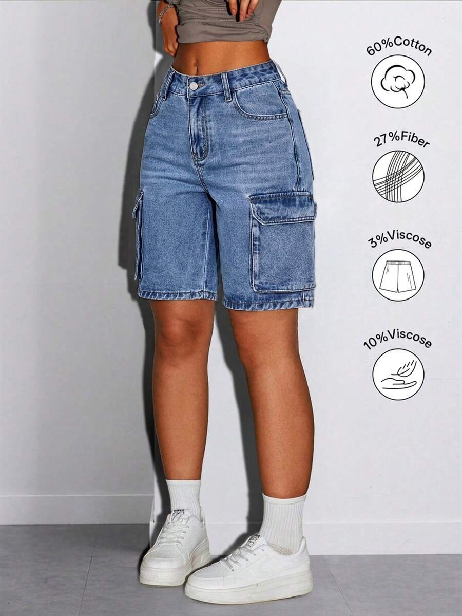 Shorts vaqueros de cargo de verano para mujer con bolsillos laterales y con solapa, estilo callejero retro, diseño de pierna recta, uso diario elegante. Casual - Azul claro - Ver 1
