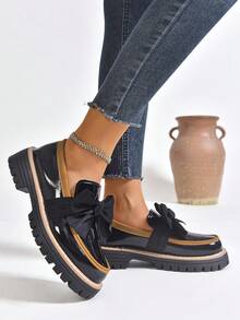 New Women's Loafers Thick Sole Spring/Autumn Fashion Versatile PU Outdoor Wear Bow Patent Leather Black Round Toe Slip-On Shoes - Black - View 4