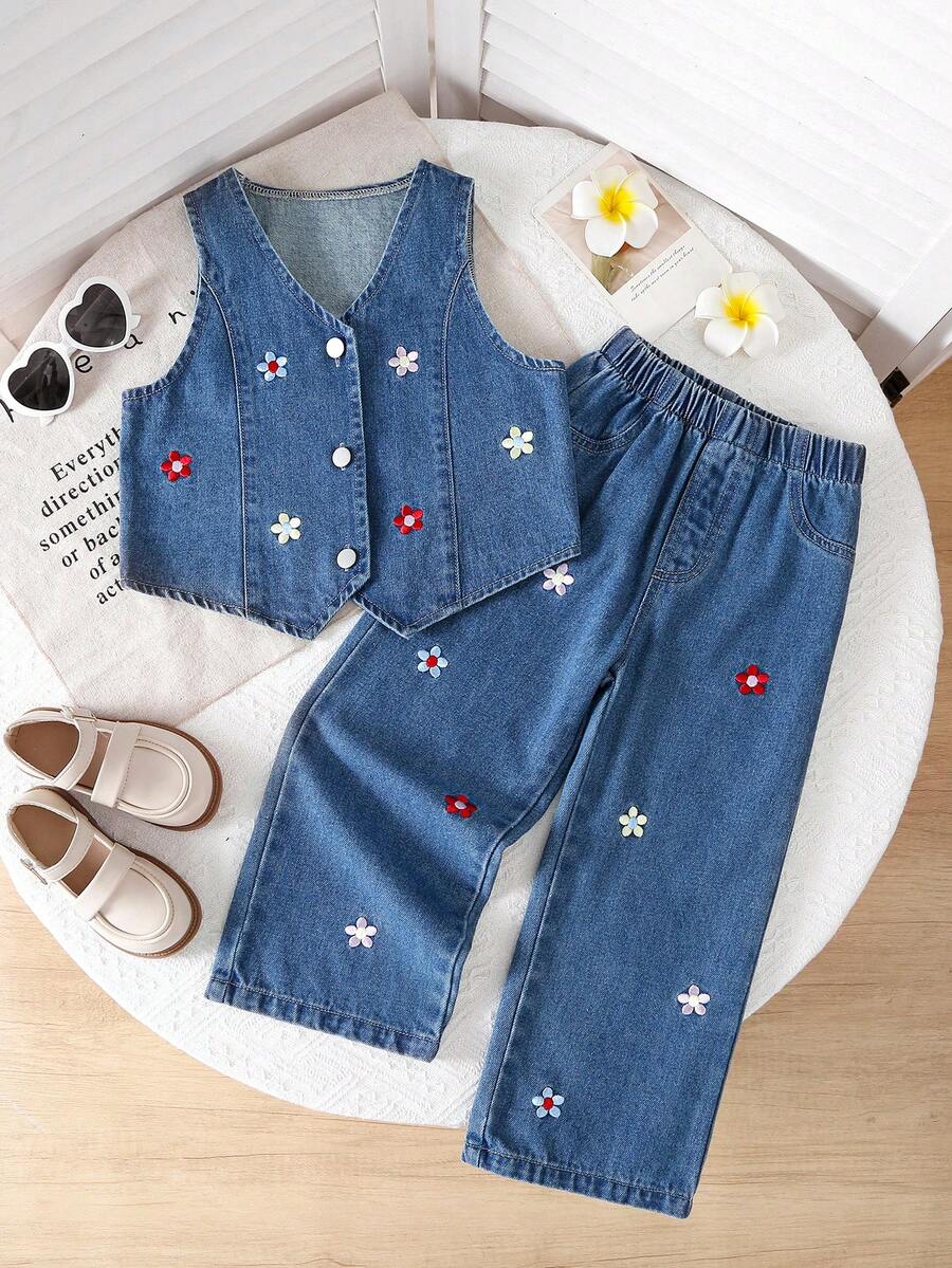 2pcs/Set Young Girl Outdoor Casual Stylish Colorful Embroidered Button Asymmetric Design Cardigan Top And Versatile Embroidered Retro Classic Blue Denim Straight Pants Outfit - Medium Wash - View 1