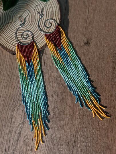 AHAYA Pendientes de borla con cuentas vintage, pendientes colgantes de cuentas de vidrio bohemios hechos a mano, pendientes de flecos largos de cuentas de semillas, joyería de moda para mujeres, adecuados para uso diario y vacaciones