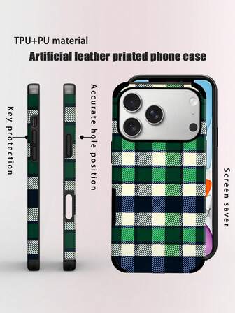 1 pieza Funda de teléfono festiva con estampado de tartán escocés retro, resistente a golpes y al polvo, con impresión colorida y parche de cuero, diseño con orificio de altavoz y amplificador de sonido, apta para iPhone 17PM/16PM/15PM/17/16/15/14/13/12/11, Galaxy S22/23/24, Feliz Navidad y próspero año nuevo con patrón de tartán de fibra supersuave PU