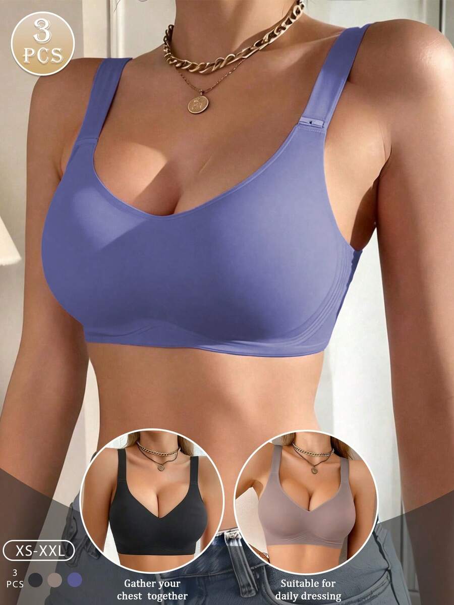 3pcs Women's Bras, Lifting & Shaping, Soft & Breathable Fabric Bras, Casual & Comfortable Lingerie