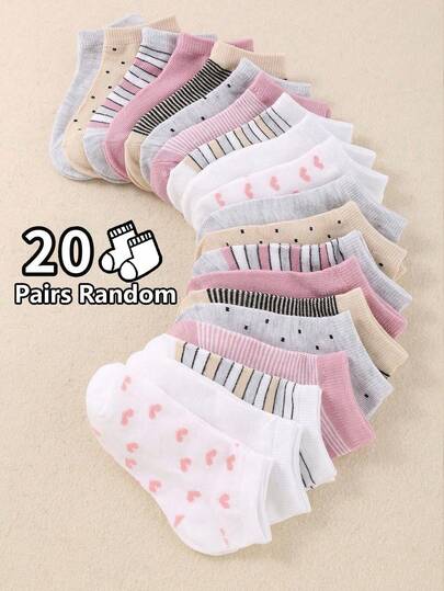 20 pares de calcetines de tobillo con estampado de corazones a rayas, suaves y cómodos, unisex para niños y niñas, multicolor