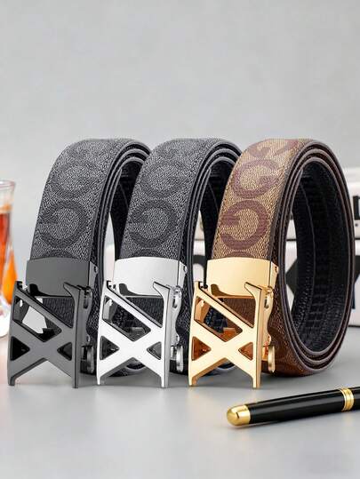 1 Piece Men's Letter Automatic Buckle Belt: Adjustable Auto-Buckle Design For Formal/Casual Occasions | 3 Colors (Silver/Gold/Black). It Allows For Precise And Convenient Size Adjustment. Crafted From High-Quality Textured Leather, It Pairs Perfectly With Suits, Jeans, Or Daily Wear, Making It An Ideal Choice For Men's Formal And Casual Styling.