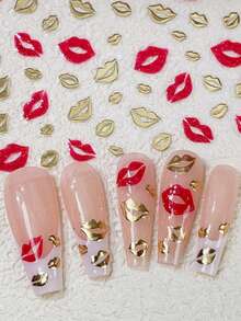 1pc Gold & Red Love Star Moon Totems Nail Art Stickers 5D Valentine's Day Glitter Heart/Red Lip/Bow Nail Decal Manicure Supplies - Multicolor - View 5