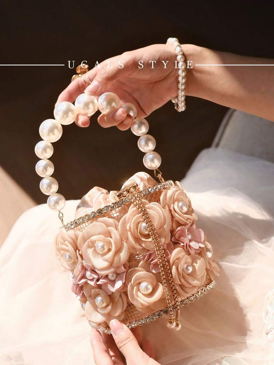 奢华女士撞色珍珠花朵晚宴包，精致水桶包，斜挎包，完美适用于晚宴和派对，可搭配日常装、正装、舞会礼服、生日礼服。 - 彩色 - 查看 1