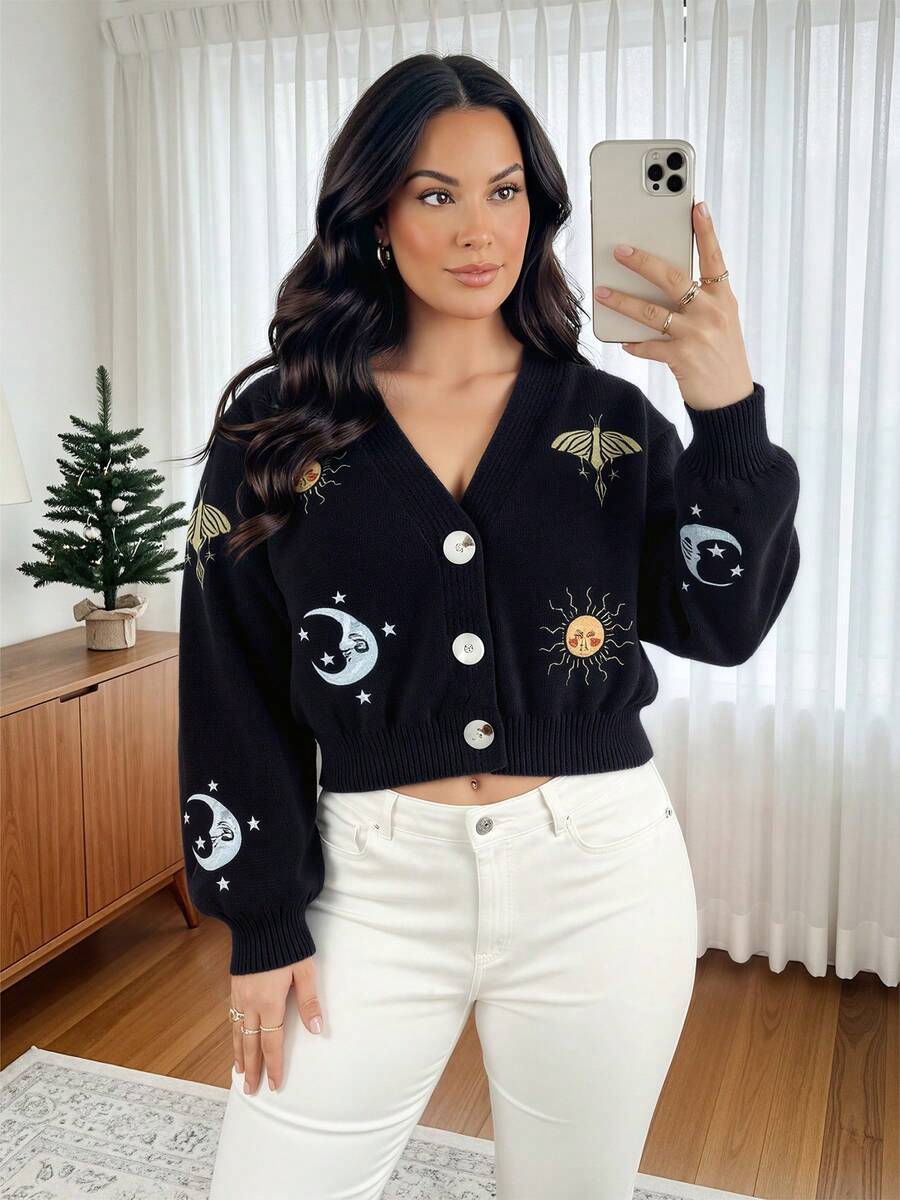 New Women's Embroidered Sun And Moon Pattern Lantern Sleeve Button V-Neck Cardigan Sweater, Suitable For Autumn And Winter. - màu đen - Xem 1