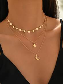 1件新款中东新月图案多层项链，适合日常、节日佩戴，百搭简约金色项链