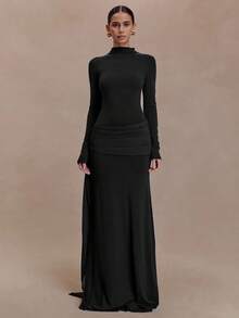 Valentines Outfit Women Vacation Outfits Women Vestidos Elegantes Elegant High Neck Maxi Dress Women's Long Sleeve Ruched Sash Party Gown Vestidos Elegantes De Mujer Curvy - 黑色 - 查看 4
