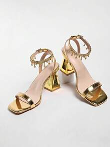 Giày sandal cao gót hở mũi đính đá lấp lánh, tua rua, mũi vuông, quyến rũ dành cho nữ. - Vàng - Xem 6