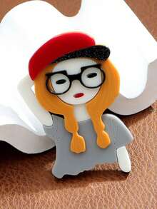 1 st handgjord akryl tecknad kvinna med hatt brosch, kreativ personlig modeaccessoar nålmärke - flicka - Visa 2