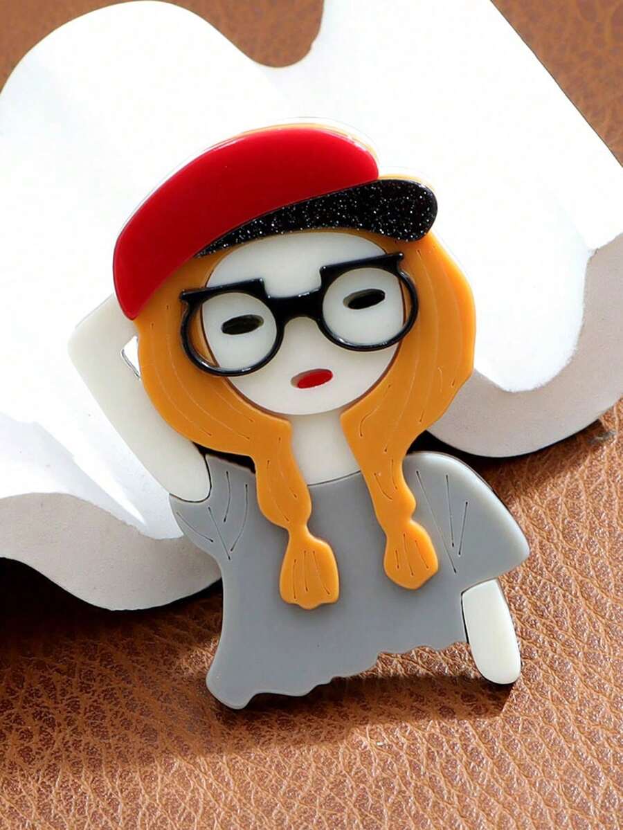 1pc Handmade Acrylic Cartoon Woman With Hat Brooch, Creative Personalized Fashion Accessory Pin Badge - Girl - View 1